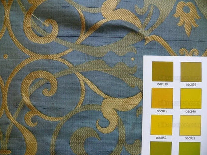 by yard 100% Silk Jacquard Filigree Mural Damask Filigree Mural "reflection" Blue Brown Gold  Mid Century