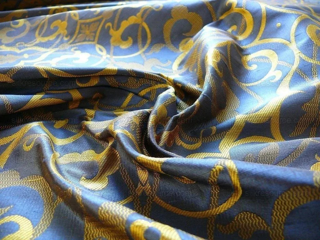 by yard 100% Silk Jacquard Filigree Mural Damask Filigree Mural "regal" Blue Gold Yellow Mid Century