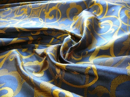by yard 100% Silk Jacquard Filigree Mural Damask Filigree Mural "regal" Blue Gold Yellow Mid Century