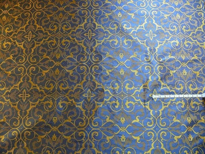 by yard 100% Silk Jacquard Filigree Mural Damask Filigree Mural "regal" Blue Gold Yellow Mid Century