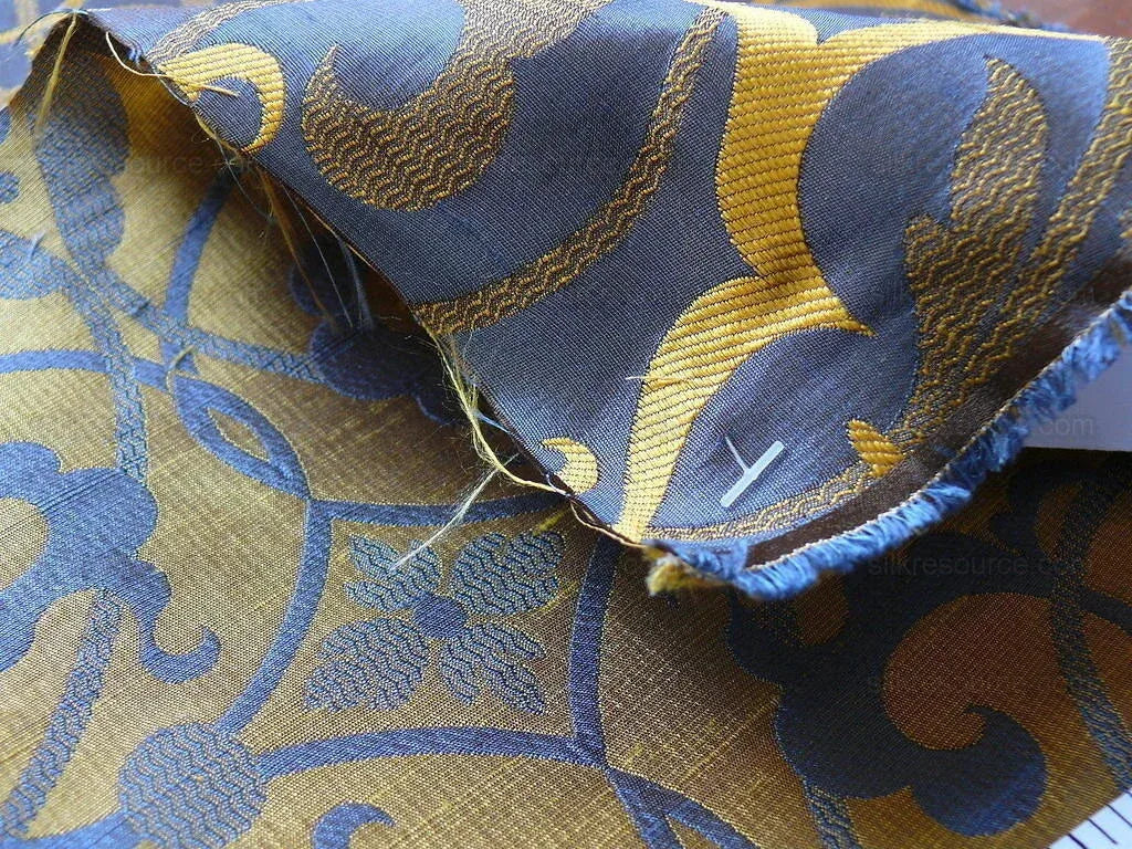 by yard 100% Silk Jacquard Filigree Mural Damask Filigree Mural "regal" Blue Gold Yellow Mid Century