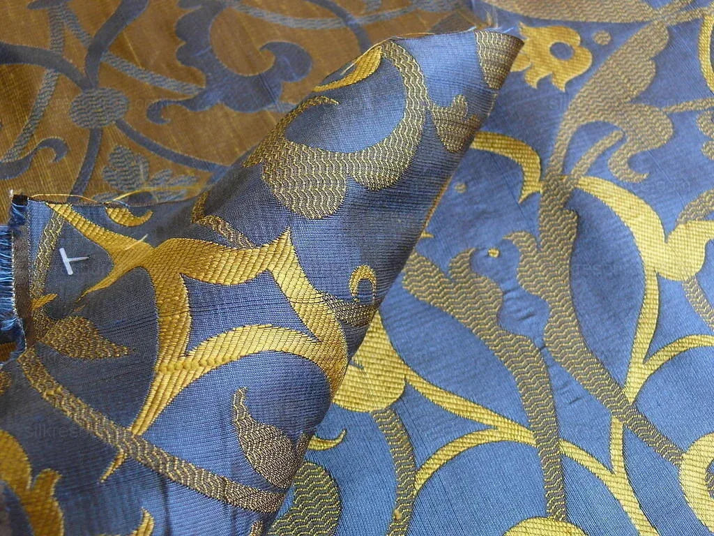 by yard 100% Silk Jacquard Filigree Mural Damask Filigree Mural "regal" Blue Gold Yellow Mid Century