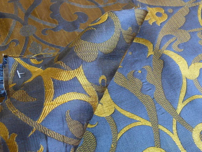by yard 100% Silk Jacquard Filigree Mural Damask Filigree Mural "regal" Blue Gold Yellow Mid Century