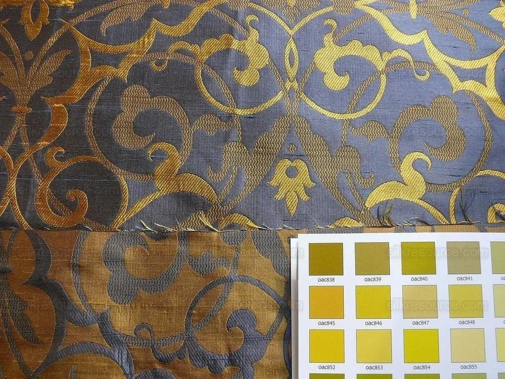 by yard 100% Silk Jacquard Filigree Mural Damask Filigree Mural "regal" Blue Gold Yellow Mid Century