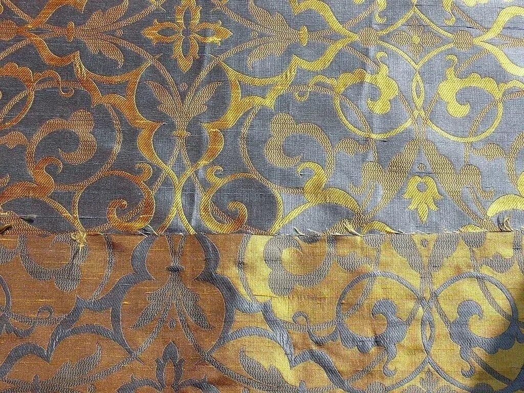 by yard 100% Silk Jacquard Filigree Mural Damask Filigree Mural "regal" Blue Gold Yellow Mid Century