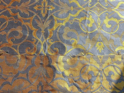 by yard 100% Silk Jacquard Filigree Mural Damask Filigree Mural "regal" Blue Gold Yellow Mid Century