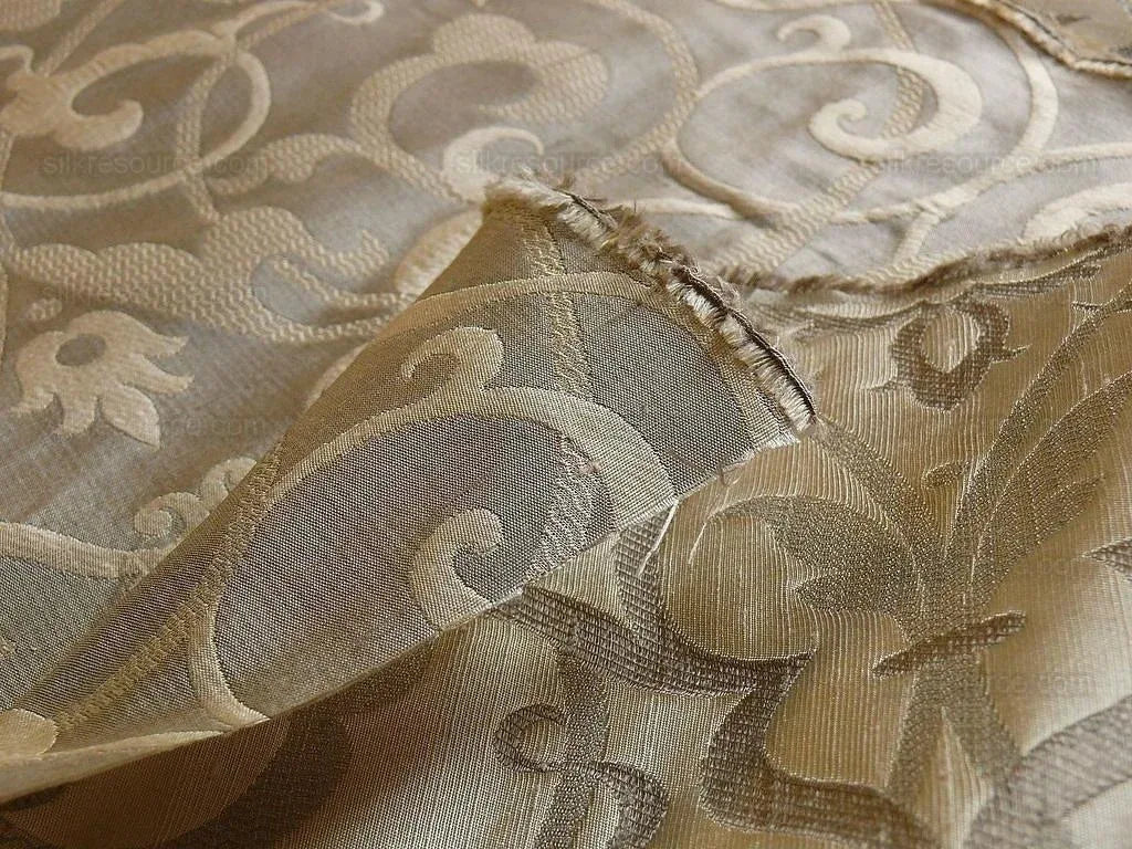 by yard 100% Silk Jacquard Filigree Mural Damask Filigree Mural "incense" Gray Silver Beige Mid Century