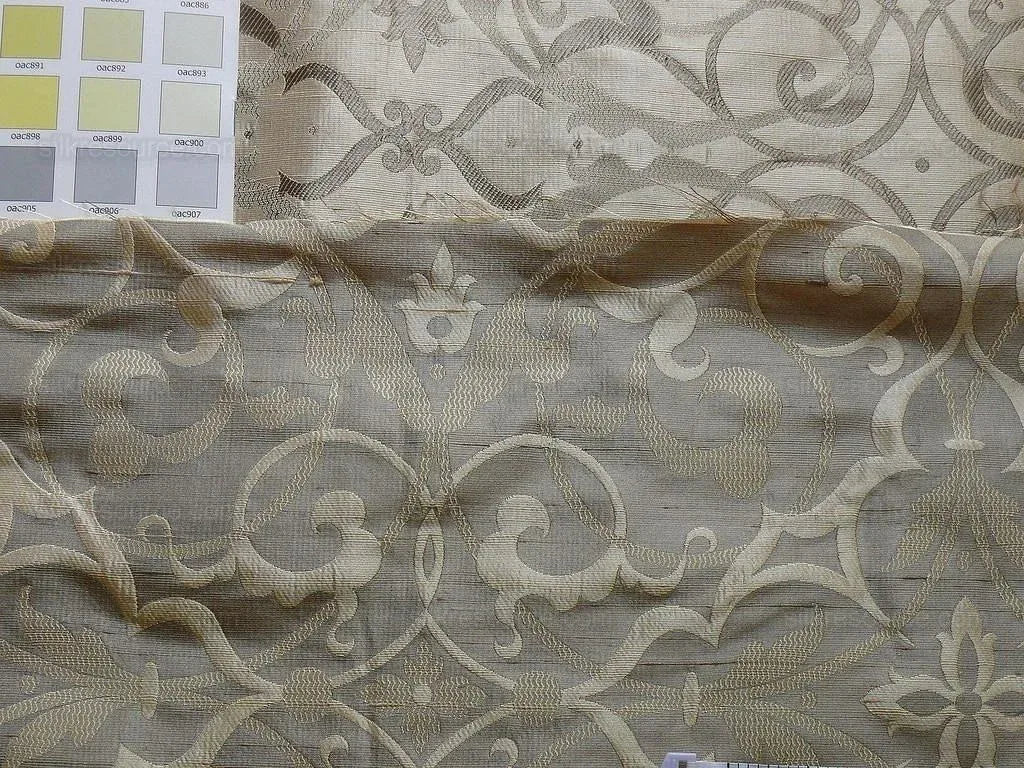by yard 100% Silk Jacquard Filigree Mural Damask Filigree Mural "incense" Gray Silver Beige Mid Century