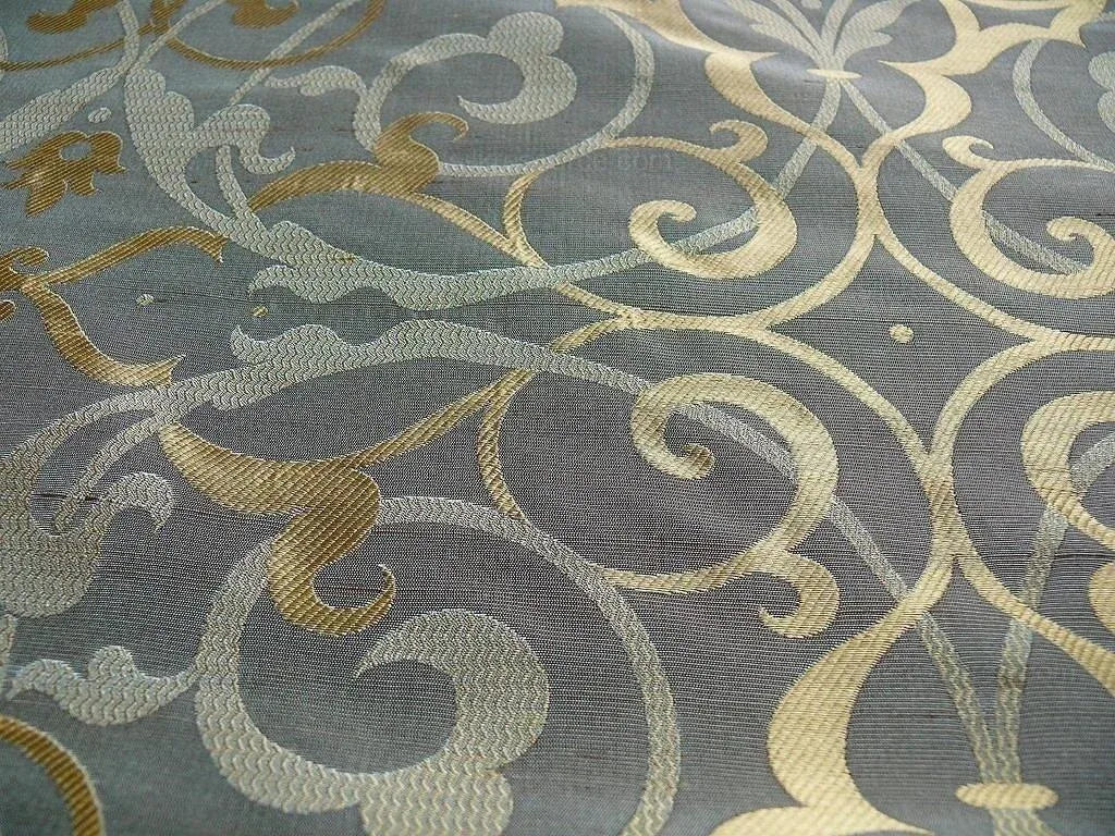 Memo Lending 100% Silk Jacquard Filigree Mural Damask "smoke" Gray Silver Blue Mid Century
