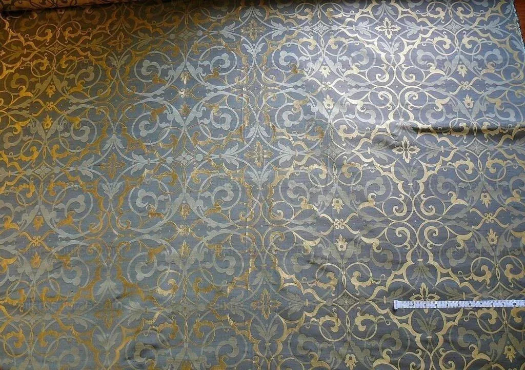 Memo Lending 100% Silk Jacquard Filigree Mural Damask "smoke" Gray Silver Blue Mid Century
