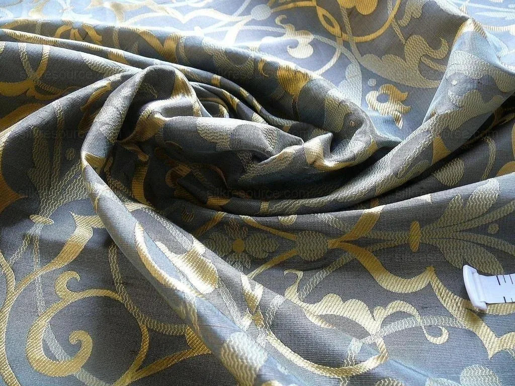 Memo Lending 100% Silk Jacquard Filigree Mural Damask "smoke" Gray Silver Blue Mid Century