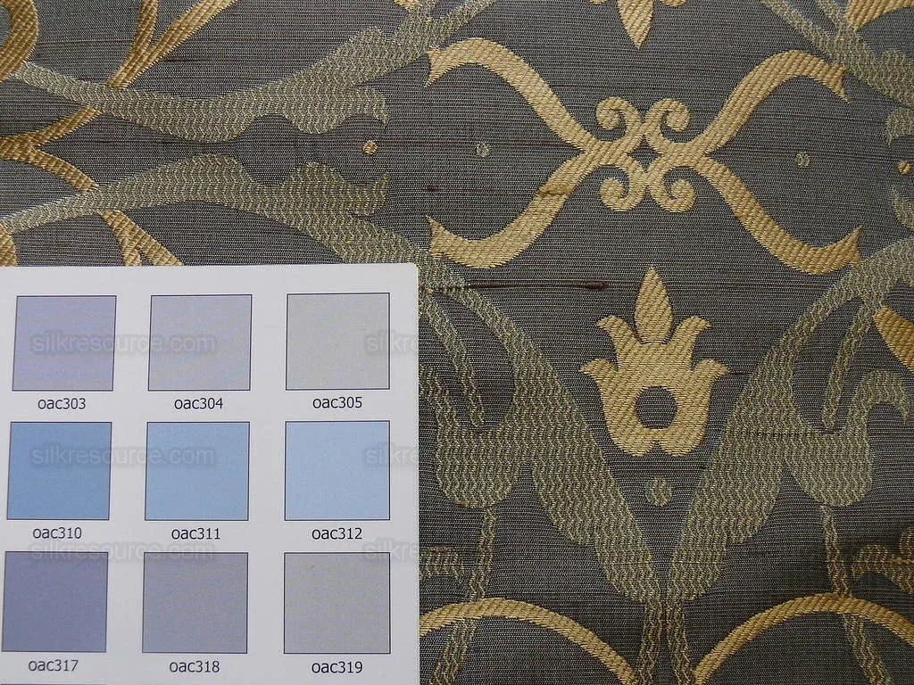 Memo Lending 100% Silk Jacquard Filigree Mural Damask "smoke" Gray Silver Blue Mid Century