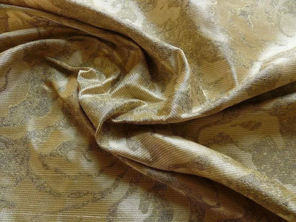 by yard 100% Silk Jacquard Papercut Pomegranate Flower "shimmer" Gold Mid Century Strie