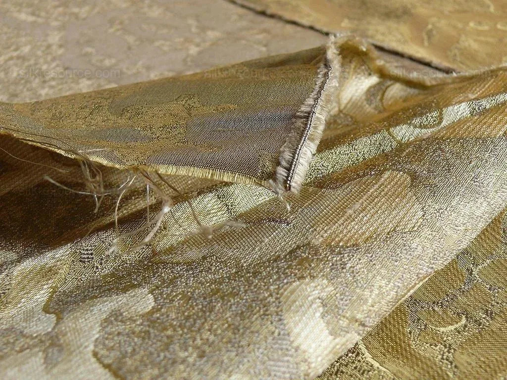 by yard 100% Silk Jacquard Papercut Pomegranate Flower "shimmer" Gold Mid Century Strie