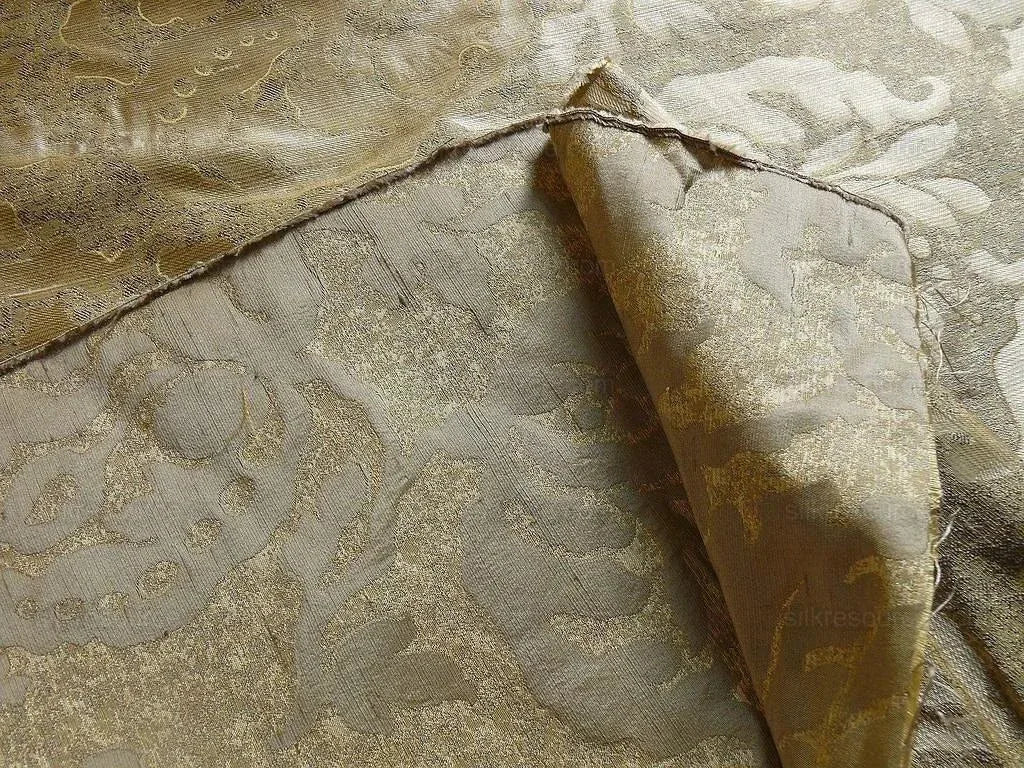 by yard 100% Silk Jacquard Papercut Pomegranate Flower "shimmer" Gold Mid Century Strie