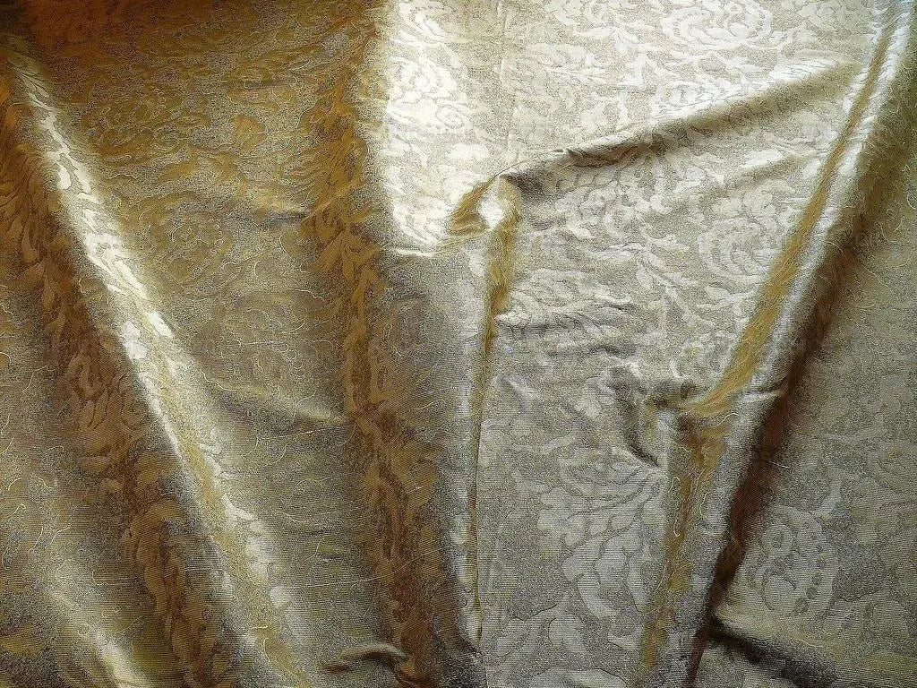 by yard 100% Silk Jacquard Papercut Pomegranate Flower "shimmer" Gold Mid Century Strie