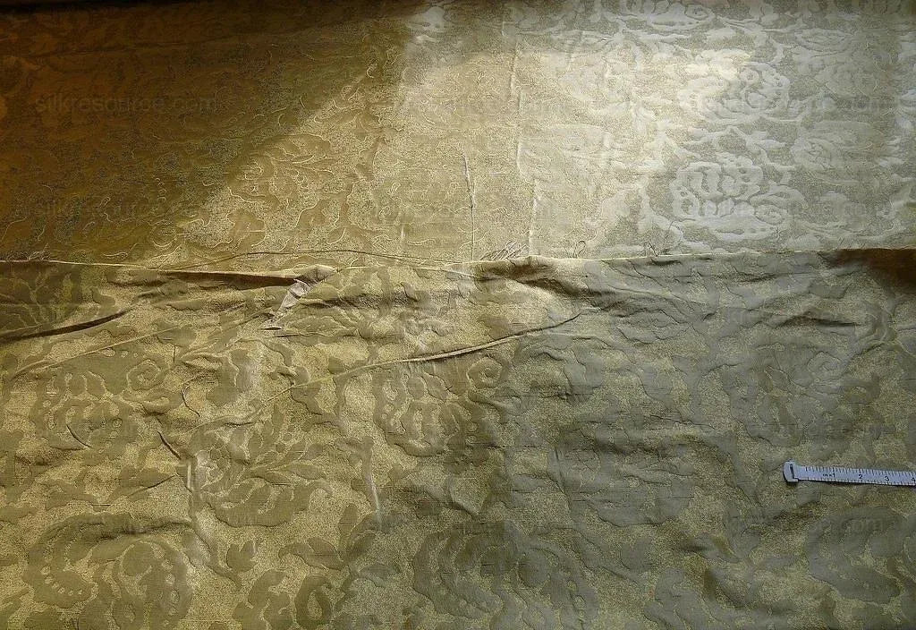 by yard 100% Silk Jacquard Papercut Pomegranate Flower "shimmer" Gold Mid Century Strie