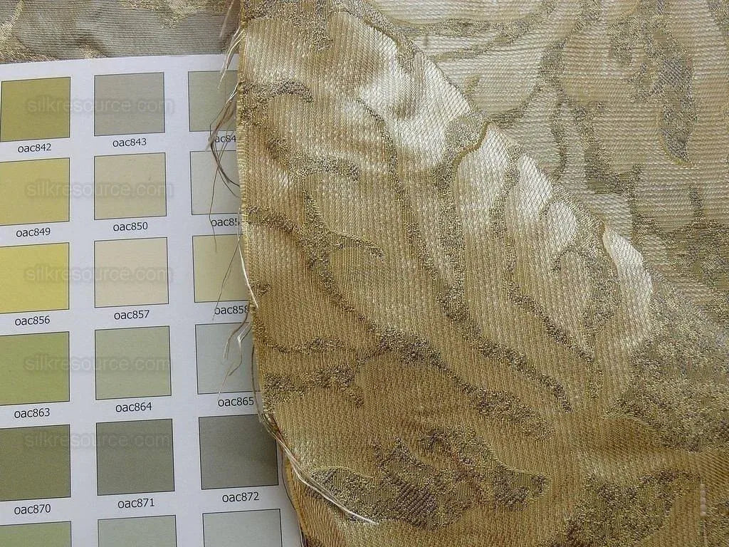 by yard 100% Silk Jacquard Papercut Pomegranate Flower "shimmer" Gold Mid Century Strie