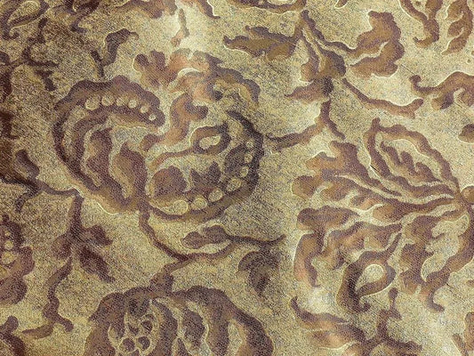 by yard 100% Silk Jacquard Papercut Pomegranate Flower "casava" Brown Mid Century Strie