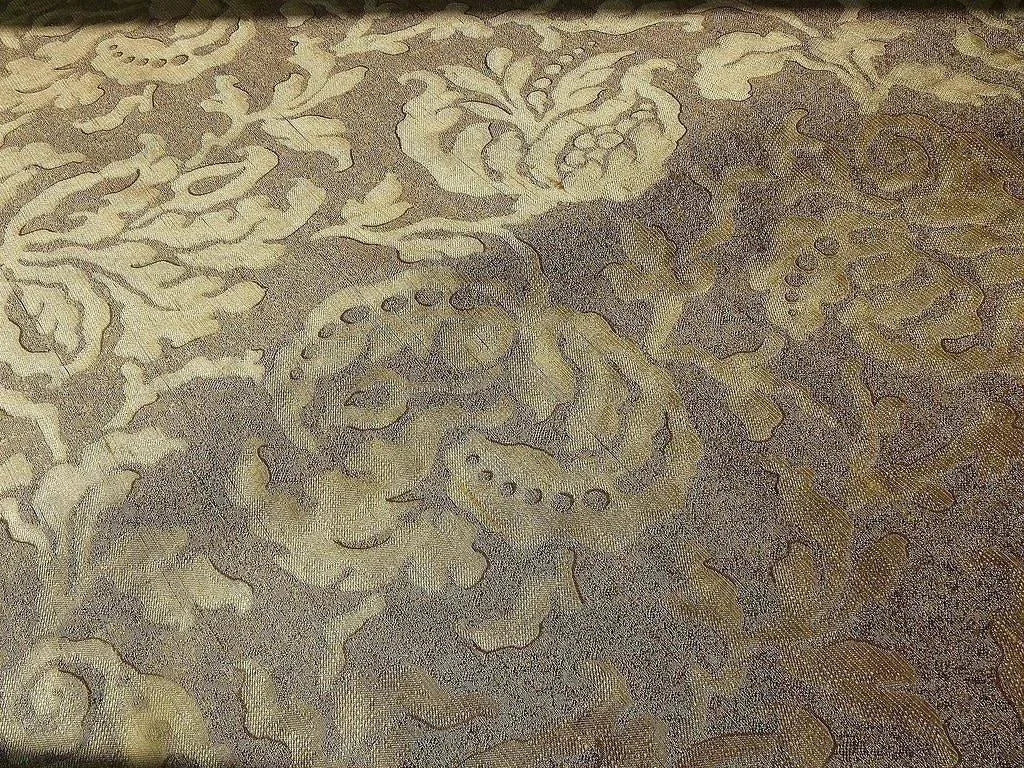 by yard 100% Silk Jacquard Papercut Pomegranate Flower "hemp" Khaki Mid Century Strie