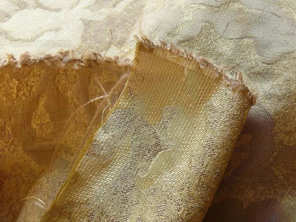 by yard 100% Silk Jacquard Papercut Pomegranate Flower "hemp" Khaki Mid Century Strie