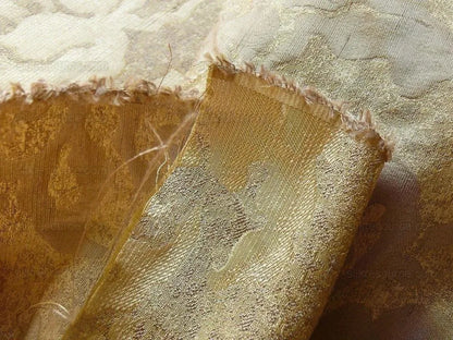 by yard 100% Silk Jacquard Papercut Pomegranate Flower "hemp" Khaki Mid Century Strie