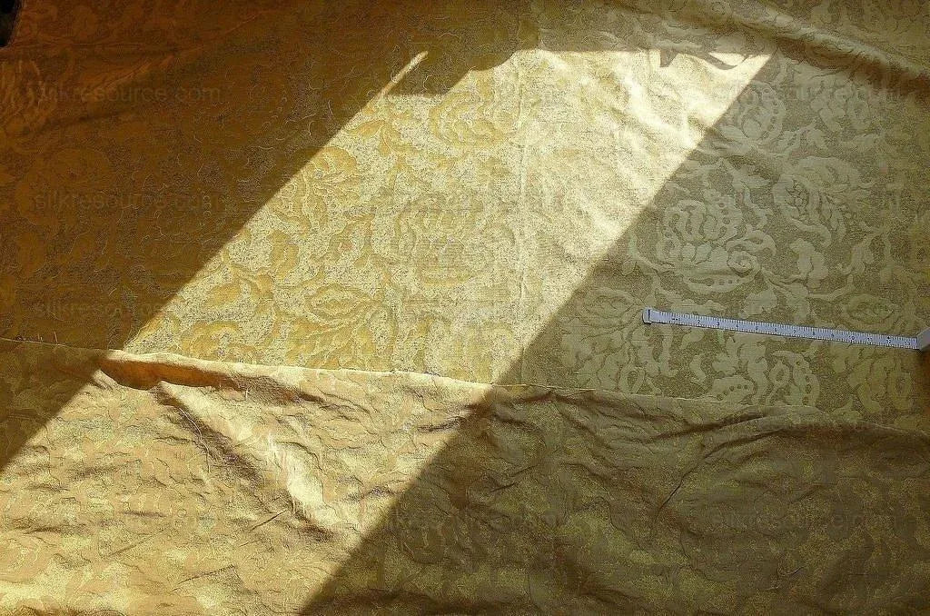 by yard 100% Silk Jacquard Papercut Pomegranate Flower "hemp" Khaki Mid Century Strie