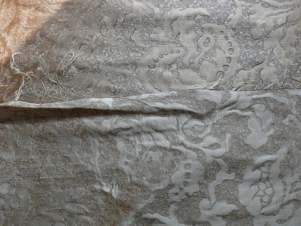 by yard 100% Silk Jacquard Papercut Pomegranate Flower "december" Silver Mid Century Strie