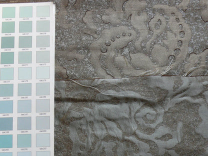 by yard 100% Silk Jacquard Papercut Pomegranate Flower "december" Silver Mid Century Strie