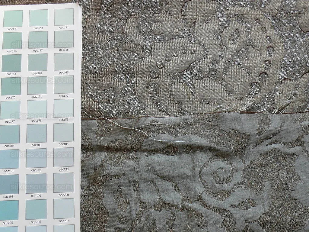 by yard 100% Silk Jacquard Papercut Pomegranate Flower "december" Silver Mid Century Strie