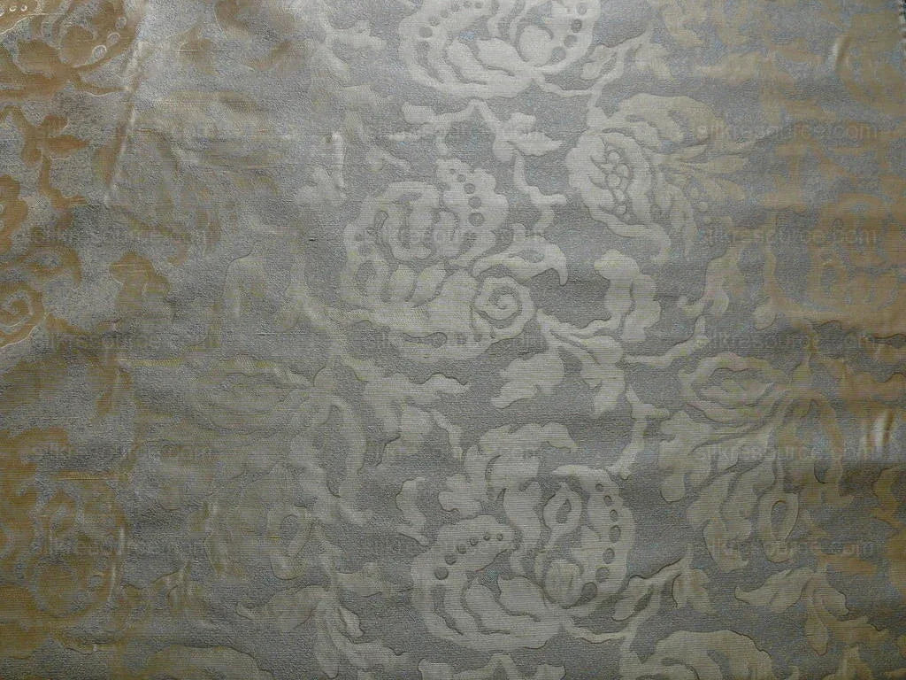 by yard 100% Silk Jacquard Papercut Pomegranate Flower "pool" Blue Mid Century Strie