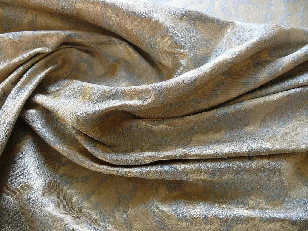 by yard 100% Silk Jacquard Papercut Pomegranate Flower "pool" Blue Mid Century Strie