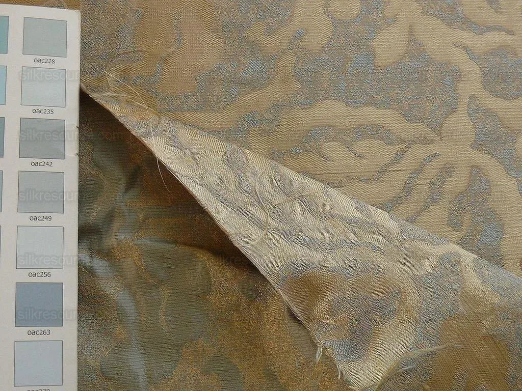 by yard 100% Silk Jacquard Papercut Pomegranate Flower "pool" Blue Mid Century Strie