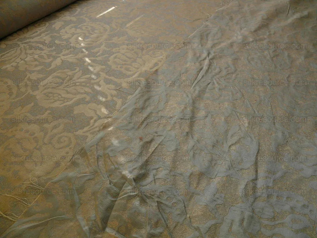 by yard 100% Silk Jacquard Papercut Pomegranate Flower "pool" Blue Mid Century Strie