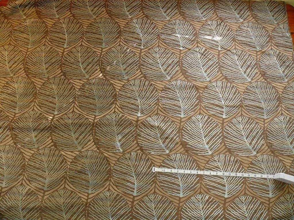 bty 100% Silk Lampas Cedar Tree Linden Leaf "delta" Tan Brown Blue Beige Silver Foliage Forest Mid-Century Reversible