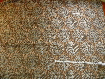 bty 100% Silk Lampas Cedar Tree Linden Leaf "delta" Tan Brown Blue Beige Silver Foliage Forest Mid-Century Reversible