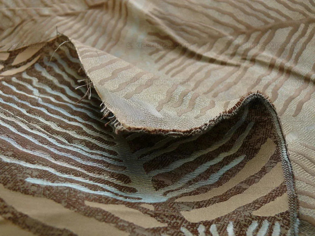 bty 100% Silk Lampas Cedar Tree Linden Leaf "delta" Tan Brown Blue Beige Silver Foliage Forest Mid-Century Reversible
