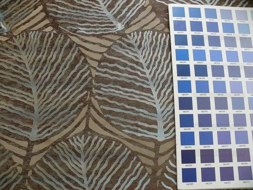 bty 100% Silk Lampas Cedar Tree Linden Leaf "delta" Tan Brown Blue Beige Silver Foliage Forest Mid-Century Reversible