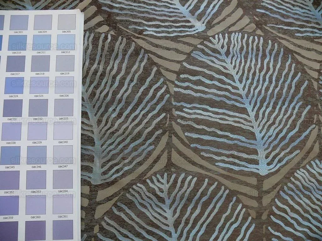 bty 100% Silk Lampas Cedar Tree Linden Leaf "delta" Tan Brown Blue Beige Silver Foliage Forest Mid-Century Reversible