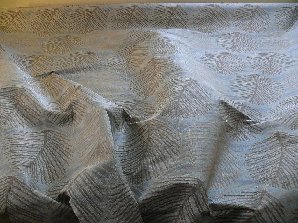 bty 100% Silk Lampas Cedar Tree Linden Leaf "delta" Tan Brown Blue Beige Silver Foliage Forest Mid-Century Reversible