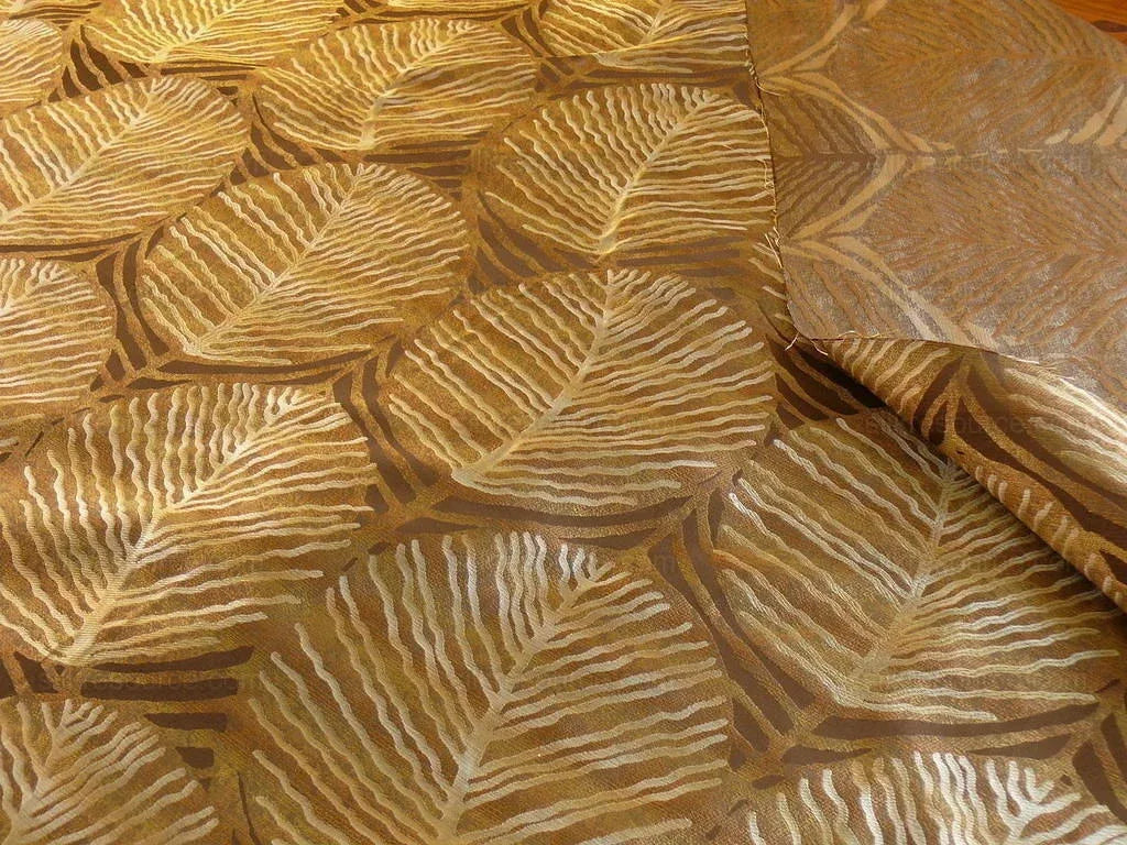 100% Silk Lampas Cedar Tree Linden Leaf "bombay" Tan Silver Foliage Forest Mid-Century Reversible