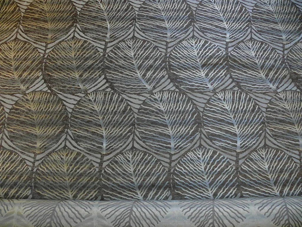 bty 100% Silk Lampas Cedar Tree Linden Leaf "banyan" Blue Gray Brown Foliage Forest Mid-Century Reversible