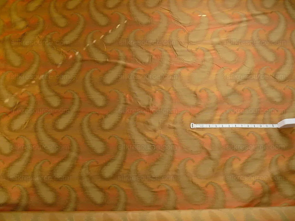 100% Silk Jacquard Hazy Paisley Ikat "vinegar" Orange Gold Yellow Thick Reversible