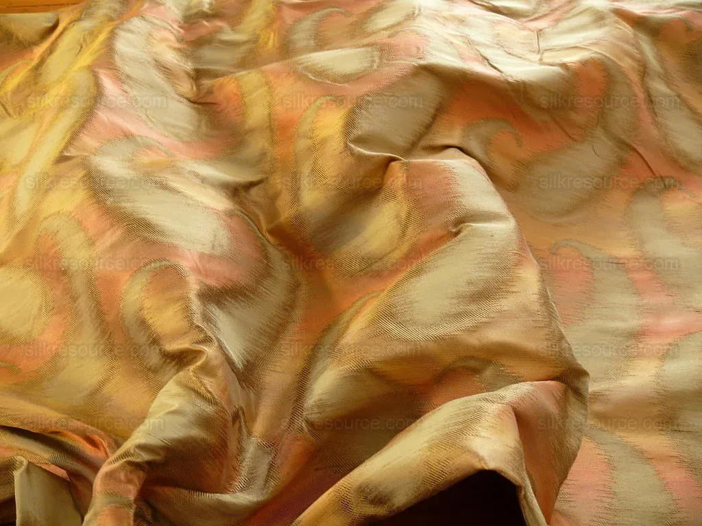 100% Silk Jacquard Hazy Paisley Ikat "vinegar" Orange Gold Yellow Thick Reversible