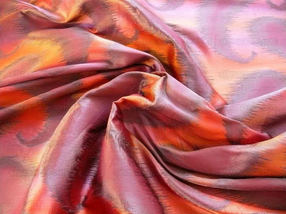 by yard 100% Silk Jacquard Hazy Paisley Ikat "morocco" Red Orange Purple Thick Reversible