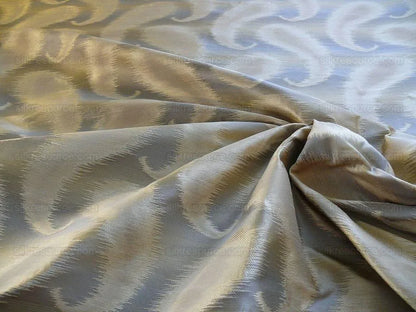 100% Silk Jacquard Hazy Paisley Ikat "almond" Gray Blue Beige Thick Reversible