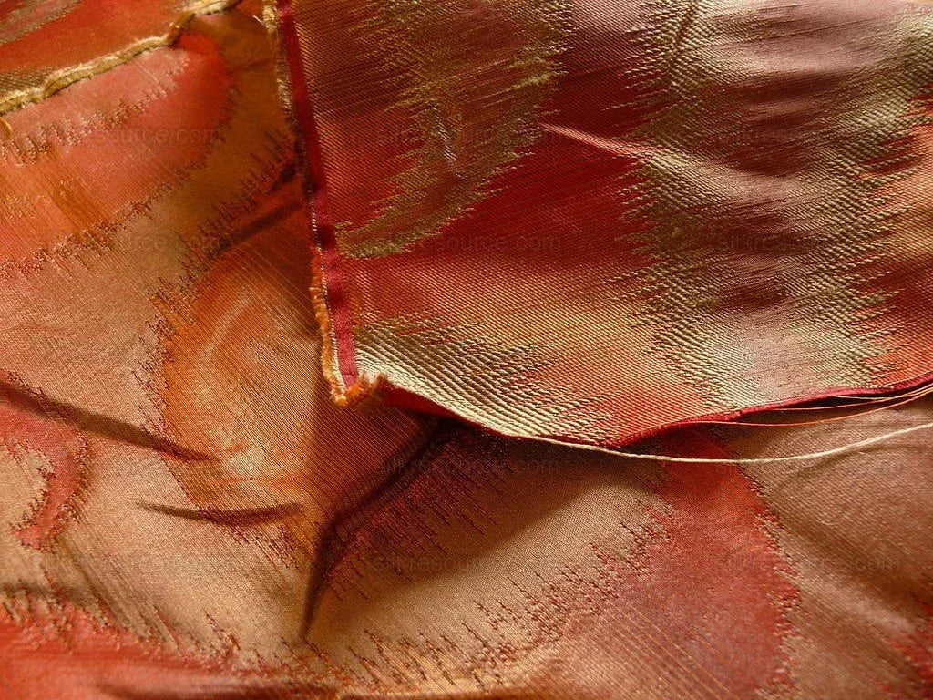 100% Silk Jacquard Hazy Paisley Ikat "tabasco" Red Orange Thick Reversible