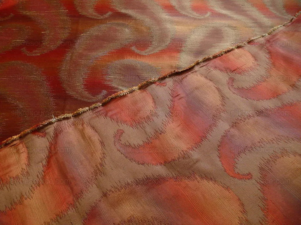100% Silk Jacquard Hazy Paisley Ikat "tabasco" Red Orange Thick Reversible
