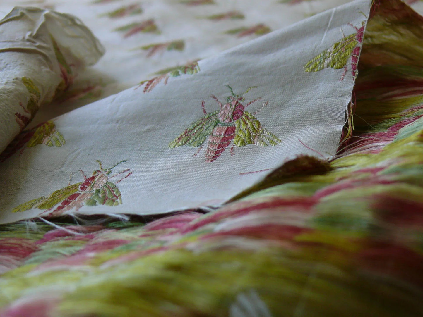 Scalamandre Napoleon Bees 100% Silk Lisere Multi Red Pink Green Gold On Cream