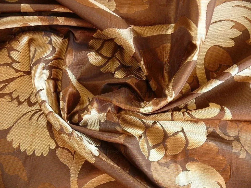 100% Silk Lampas Carnation Crewel "cognac" Brown Gold Reversible Layered